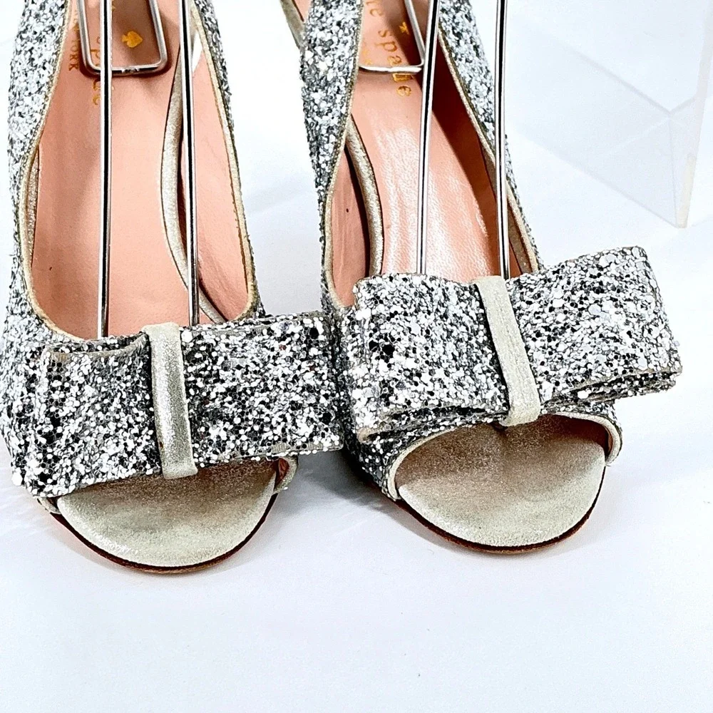 Kate Spade New York‎ Size 5 Silver Glitter Bow Slingback Heels Weddding Bridal